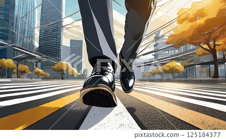 AI image: The feet of a businessman in a suit walking across a pedestrian crossing 125184377