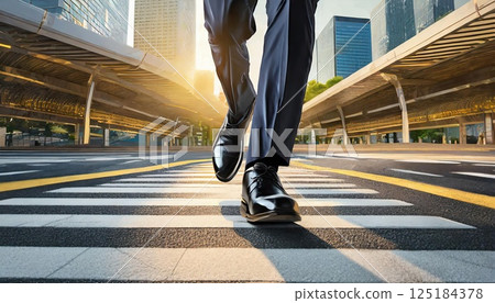 AI image: The feet of a businessman in a suit walking across a pedestrian crossing 125184378