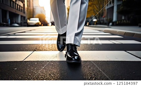 AI 圖片：一位西裝革履的商人走過人行橫道的腳 125184397