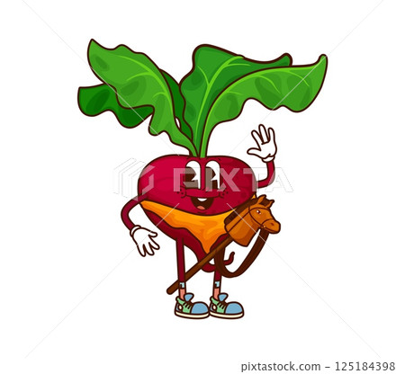 Cartoon groovy cowboy or bandit vegetable character of funny beetroot, vector personage. Groovy beet vegetable as Wild West cowboy or Western ranger character with kerchief and toy horse on stick 125184398