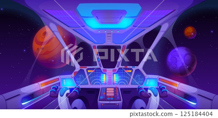 Spaceship cockpit interior, control panel dashboard with glowing buttons and panoramic space view with planets and twinkling stars appear through the window. Futuristic cartoon vector scifi space ship 125184404