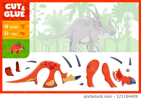 Cut and glue prehistoric dinosaur, kids game worksheet. Preschool education activity vector puzzle quiz game with logic task of cut out, match and glue cartoon styracosaurus dinosaur character parts 125184409