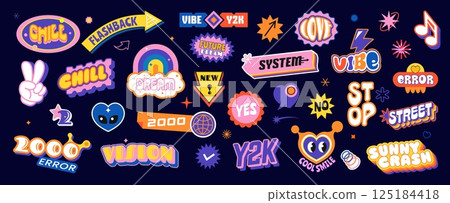 Retro y2k stickers groovy patch icon labels set with bold colors and nostalgic motifs like rainbows, peace signs, smile faces, and quirky text. Vector patches for youth, pop culture, exude upbeat vibe 125184418