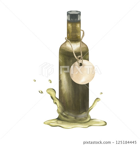 Glass dark oil bottle with hanging paper tag in olive oil puddle splash watercolor illustration.Hand drawn isolated transparent jar for liquid,salad dressing clipart for label,logo,poster design 125184445