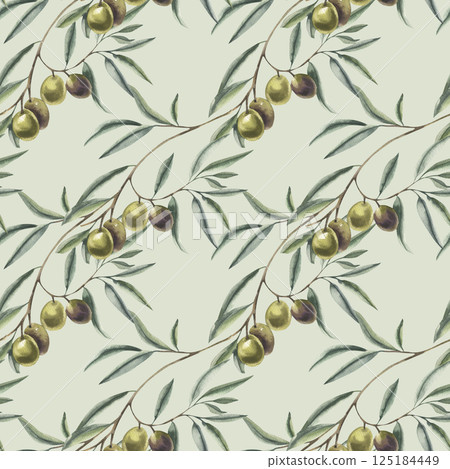 Watercolor olives branches seamless pattern with green fruits illustration on pastel green background. Hand drawn repeated floral clipart with Greek traditional tree and food ingredient painting 125184449
