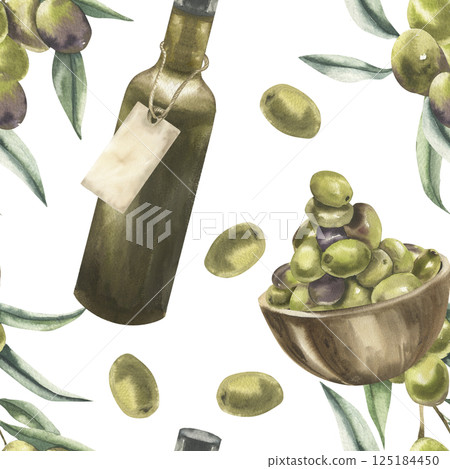 Vegan Greek food seamless pattern with olives bunch, olive fruits and green glass oil bottle illustration. Hand drawn floral green background with vegetables and salad condiment clipart for packing 125184450