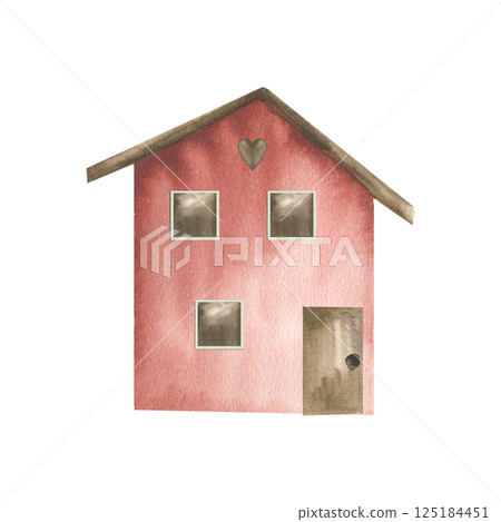 Tiny Scandinavian red house facade watercolor illustration.Hand drawn isolated wooden building clipart, northern fishing camp painting for card, poster, invitation design 125184451