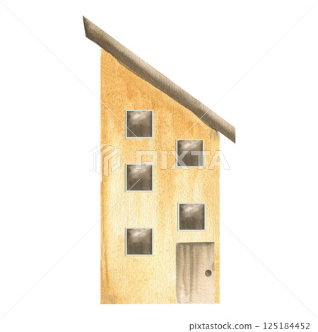 Yellow stone block house with roof,windows and door watercolor illustration.Hand drawn summer building in southern style, old Italy apartment,european style cottage for interior sticker,poster design 125184452