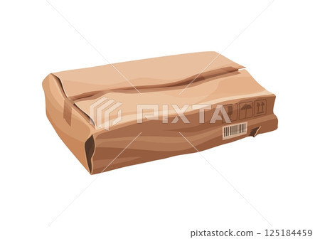 Delivery box crushed and crumpled, parcel package damaged or broken, vector cardboard cargo. Crushed and ripped delivery box with torn adhesive tape and crumpled sides with shipping fragile signs 125184459