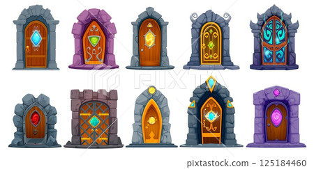Magic portal door game asset. Fantasy cartoon vector enchanting doorways with glowing and shimmering crystals transport adventurers to mystical realms. Mystical gateways of fantastical magical worlds Magic portal door game asset. Fantasy cartoon vector enchanting doorways with glowing and shimmering crystals transport adventurers to mystical realms. Mystical gateways of fantastical magical worlds 125184460