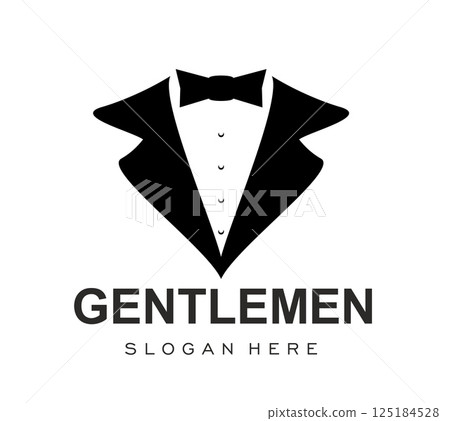 Gentleman tuxedo suit icon with collar bow tie for man fashion tailor salon, vector emblem. Gentleman tuxedo suit and bowtie black silhouette icon for wedding groom, butler clothing and men club badge Gentleman tuxedo suit icon with collar bow tie for man fashion tailor salon, vector emblem. Gentleman tuxedo suit and bowtie black silhouette icon for wedding groom, butler clothing and men club badge 125184528