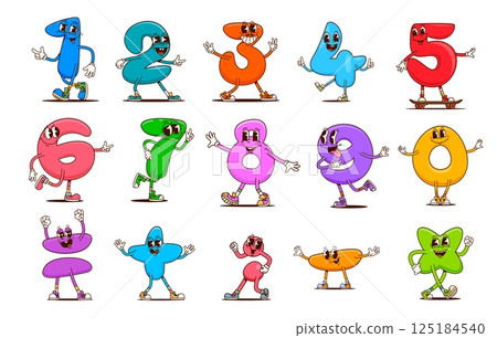 Math number groovy characters, vector funny kids mathematics and education personages. Cartoon retro math symbols and digits with happy smiling faces. Psychedelic groovy numbers from zero to nine 125184540
