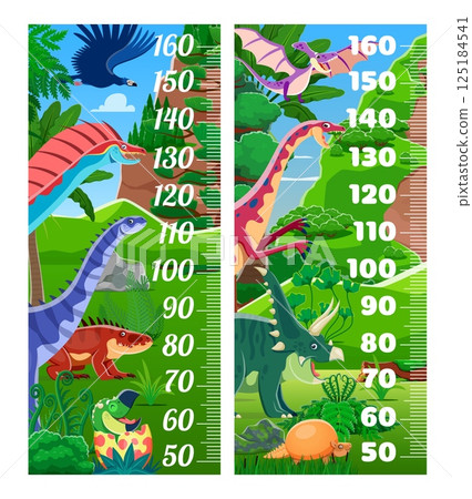Kids height chart ruler with dinosaurs and reptiles. Children height vector measure ruler, kids height chart with argentavis, hypselosaurus, amargasaurus and shansisuchus, chasmosaurus, anchisaurus 125184541