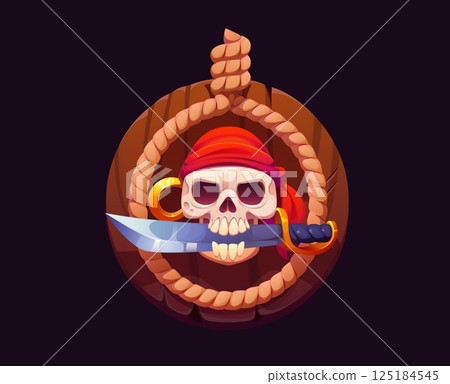 Heraldic pirate skull on the gallows with saber in teeth, embodies spirit of piracy, adventure and high seas. Cartoon vector nautical emblem with fierce pirate skull in red bandana biting curved sword Heraldic pirate skull on the gallows with saber in teeth, embodies spirit of piracy, adventure and high seas. Cartoon vector nautical emblem with fierce pirate skull in red bandana biting curved sword 125184545