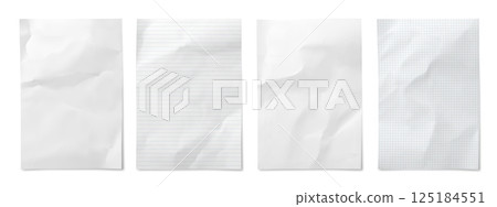 Crumbled folded wrinkle paper sheets. Set of realistic 3d vector blank, lined and graph paper types feature natural wrinkles and folds. Templates for design mockups, stationery presentation, scrapbook 125184551