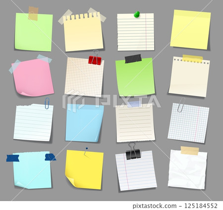 Note sticker paper, notice memo post with tape, reminder message. Notepad memory notice sticky sheets. Realistic 3d vector set of blanks, notepaper, office meeting information board or schedule 125184552