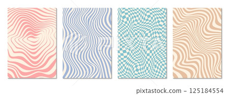 Retro psychedelic groovy pattern background. Vector set of backdrops with wavy and warped textures. Fluid optical illusions and distorted checkers in pastel pink, blue, beige tones with vintage vibe 125184554