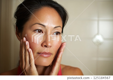 40 year old Asian woman applying moisturizer to her face. Skin beauty and elasticity after 40. With gentle hands, she applies moisturizer to enhance her skin's beauty and elasticity. 40 year old Asian woman applying moisturizer to her face. Skin beauty and elasticity after 40. With gentle hands, she applies moisturizer to enhance her skin's beauty and elasticity. 125184567