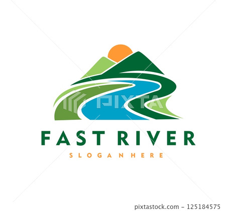 Mountain river icon with road path and sun over landscape for company emblem, vector badge. Blue river water on green valley with mountains field, icon for travel tourism, farming or corporate brand 125184575