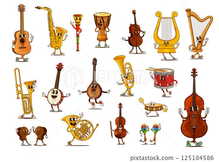 Groovy musical instruments characters. Cartoon vector trumpet, lyre, harp, tuba and maracas, tambourine, double bass, trombone and banjo. French horn, guitar, drum, castanets and violin with flute 125184586