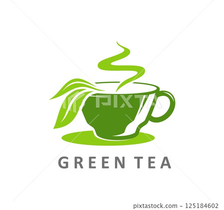 Organic herbal green tea company icon. Herbal beverage shop isolated vector sign, restaurant menu hot drink symbol. Green tea farm or store abstract icon with cup or mug, vapor and brewed leaves Organic herbal green tea company icon. Herbal beverage shop isolated vector sign, restaurant menu hot drink symbol. Green tea farm or store abstract icon with cup or mug, vapor and brewed leaves 125184602