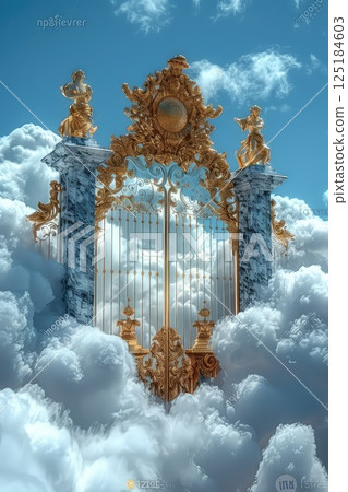 Closed golden gates of Paradise against the background of white clouds. Closed entrance to Paradise for sinners. Beautiful white clouds surround the closed gates of Paradise, hinting at lost chances. 125184603