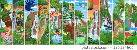 Prehistoric dinosaurs and baby dino characters in eggs vector collage. Cartoon funny titanosauria, brachiosaurus and dimorphodon pterosaur characters. Cute mammoth, argentavis and euhelopus dinosaurs 125184605