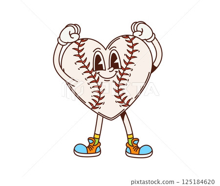 Baseball heart ball sport groovy happy character. Sport team match cute retro vector character, baseball league tournament cheerful 60s 70s cartoon mascot. Sport club competition happy personage Baseball heart ball sport groovy happy character. Sport team match cute retro vector character, baseball league tournament cheerful 60s 70s cartoon mascot. Sport club competition happy personage 125184620