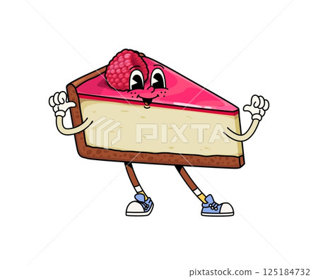 Groovy fast food cake character. Isolated cartoon vector retro confectionery personage. Funny hippie dessert, sweets slice of cheesecake topped with fresh raspberry and pink glaze, wearing sneakers Groovy fast food cake character. Isolated cartoon vector retro confectionery personage. Funny hippie dessert, sweets slice of cheesecake topped with fresh raspberry and pink glaze, wearing sneakers 125184732