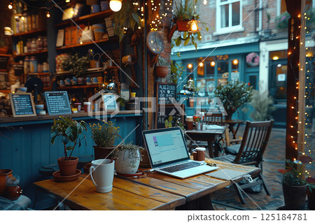 Freelancer's working place with a laptop at a sidewalk cafe. The laptop is ready for action at the sidewalk cafe, where the freelancer enjoys the perfect blend of work and ambiance. 125184781