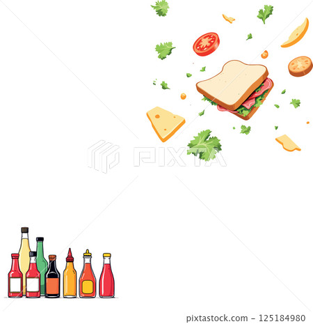 Vsai sandwich ingredients floating with condiments bottles below, sandwich making concept 125184980