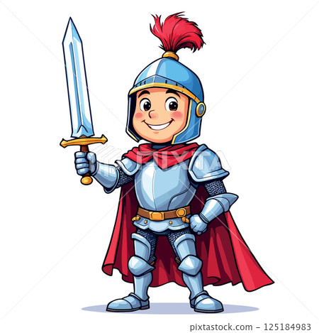 Vsai smiling knight holding sword, child warrior ready for battle 125184983
