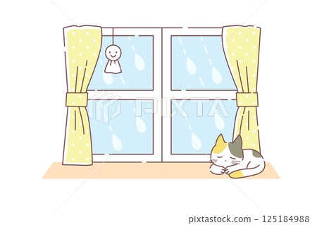 Vector illustration of a cute cat sleeping on a windowsill on a rainy day 125184988