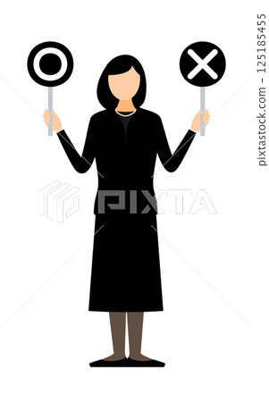 一位身穿喪服的女子手持加號或減號的簡單插圖 一位身穿喪服的女子手持加號或減號的簡單插圖 125185455