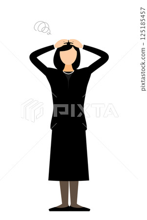 A simple illustration of a woman in mourning clothes holding her head in worry A simple illustration of a woman in mourning clothes holding her head in worry 125185457