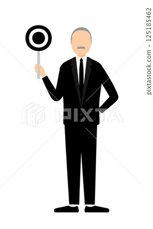 A simple illustration of a senior man in mourning clothes holding a circle stick 125185462