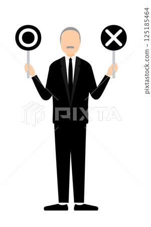A simple illustration of a senior man in mourning clothes holding a plus or minus stick A simple illustration of a senior man in mourning clothes holding a plus or minus stick 125185464