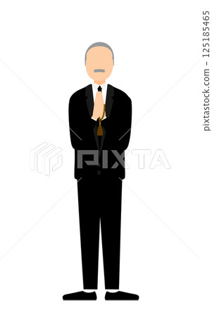 A simple illustration of a senior man in mourning clothes holding a rosary and praying 125185465