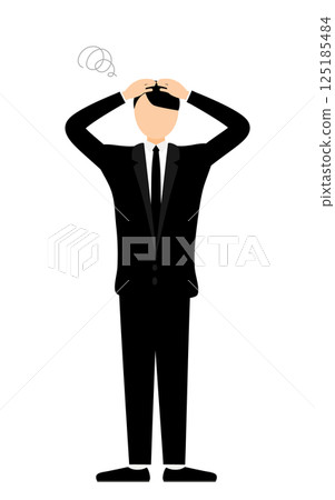 一個簡單的插圖，一個身穿喪服的男人沮喪地抱著頭 125185484