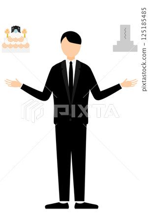 一個簡單的插圖，一個穿著喪服的男人正在思考墳墓和葬禮 125185485