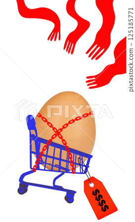 Egg trapped in shopping cart with red chains while red hands reach out, symbolizing consumer limitation, inflated prices, and panic demand 125185771