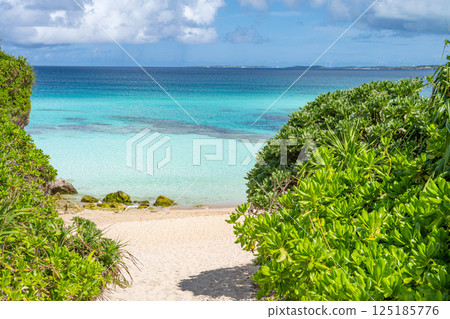 Lush greenery frames a pristine beach and turquoise waters in Okinawa, Japan 125185776