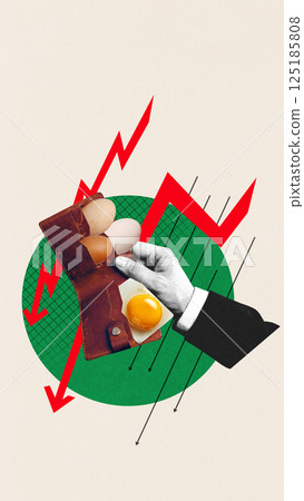 Eggs and cracked yolk spill from wallet as red arrows fall, symbolizing devaluation of savings, food as currency, declining value and loss. 125185808