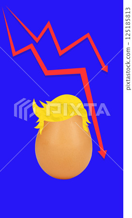 Egg with yellow hair and red arrow crashes downward, symbolizing political influence on market volatility and crisis symbolism. Egg with yellow hair and red arrow crashes downward, symbolizing political influence on market volatility and crisis symbolism. 125185813