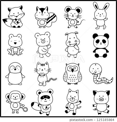 有趣的姿勢動物角色集黑白 125185864