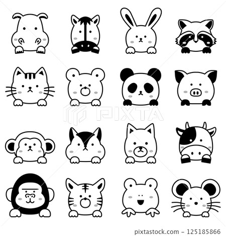 Set of animal illustrations popping out (black and white, line drawings) 125185866