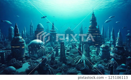 A city built in the deep sea by intelligent squids and sharks. Various deep sea creatures live here, with buildings of all sizes. A city built in the deep sea by intelligent squids and sharks. Various deep sea creatures live here, with buildings of all sizes. 125186113