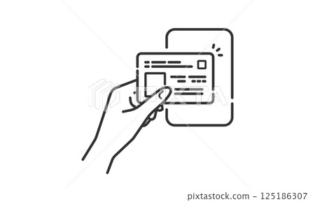 Vector icon (line drawing, monochrome) of touching a terminal to read an ID card's My Number card 125186307