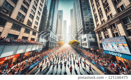 A wide-angle view captures marathon runners flooding the city streets, surrounded by towering skyscrapers. Spectators line the sidewalks and elevated platforms, cheering on the participants. A large 125186475