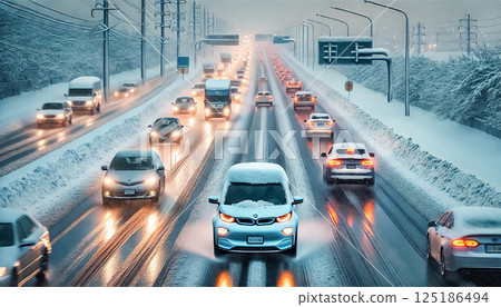 Cars drive cautiously on a snow-covered highway without snow piles on their roofs. Headlights reflect off the icy road, framed by snow-covered trees and a cloudy sky, as light snow continues to fall 125186494
